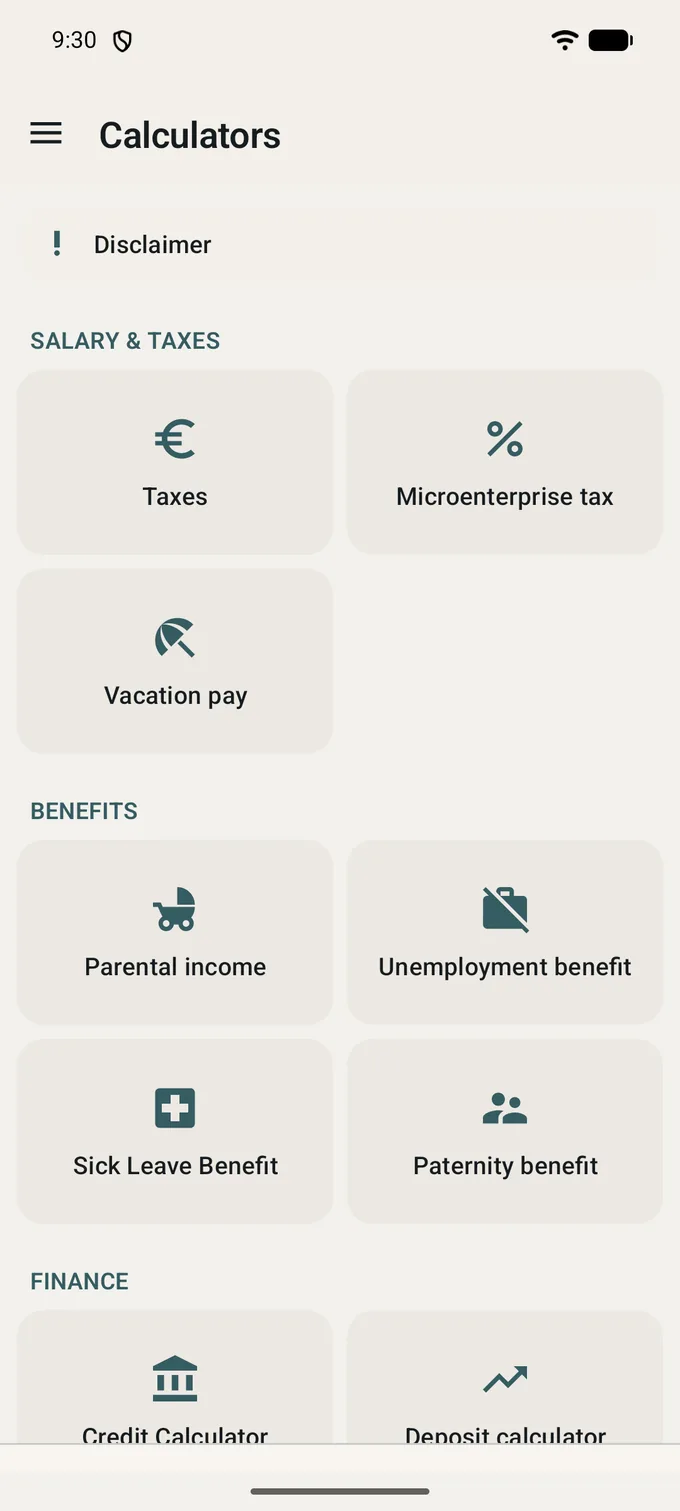 The Calculators screen: a Disclaimer row, then Salary and taxes, Benefits and Finance, each a group of cards with an icon and a name.