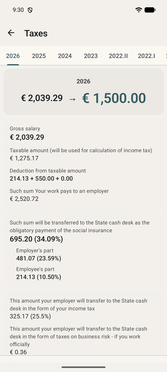 The Taxes result on the 2026 tab, with the earlier periods as tabs beside it: gross to net at the top, then taxable amount, employer cost, social insurance split between employer and employee, income tax and the business-risk duty.