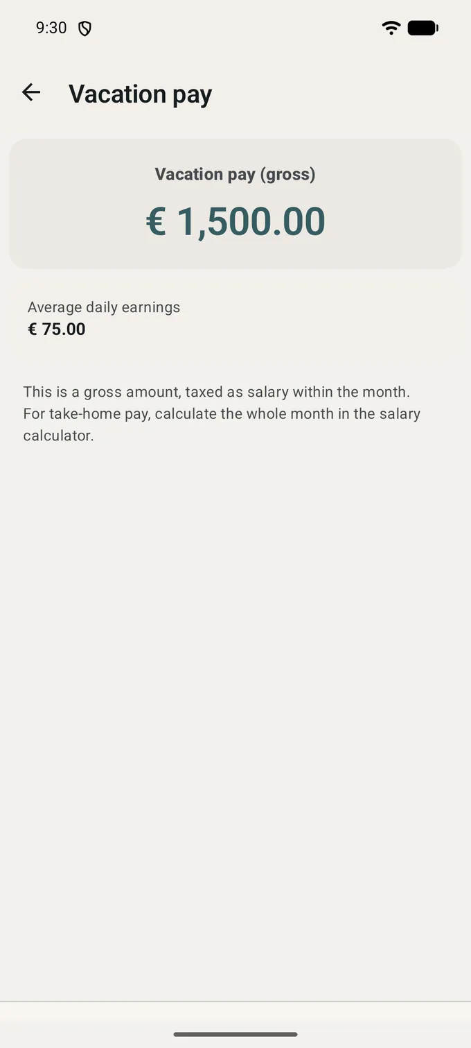 The Vacation pay result: 1,500.00 EUR gross, average daily earnings 75.00 EUR, and a note that this is a gross amount taxed as salary within the month.