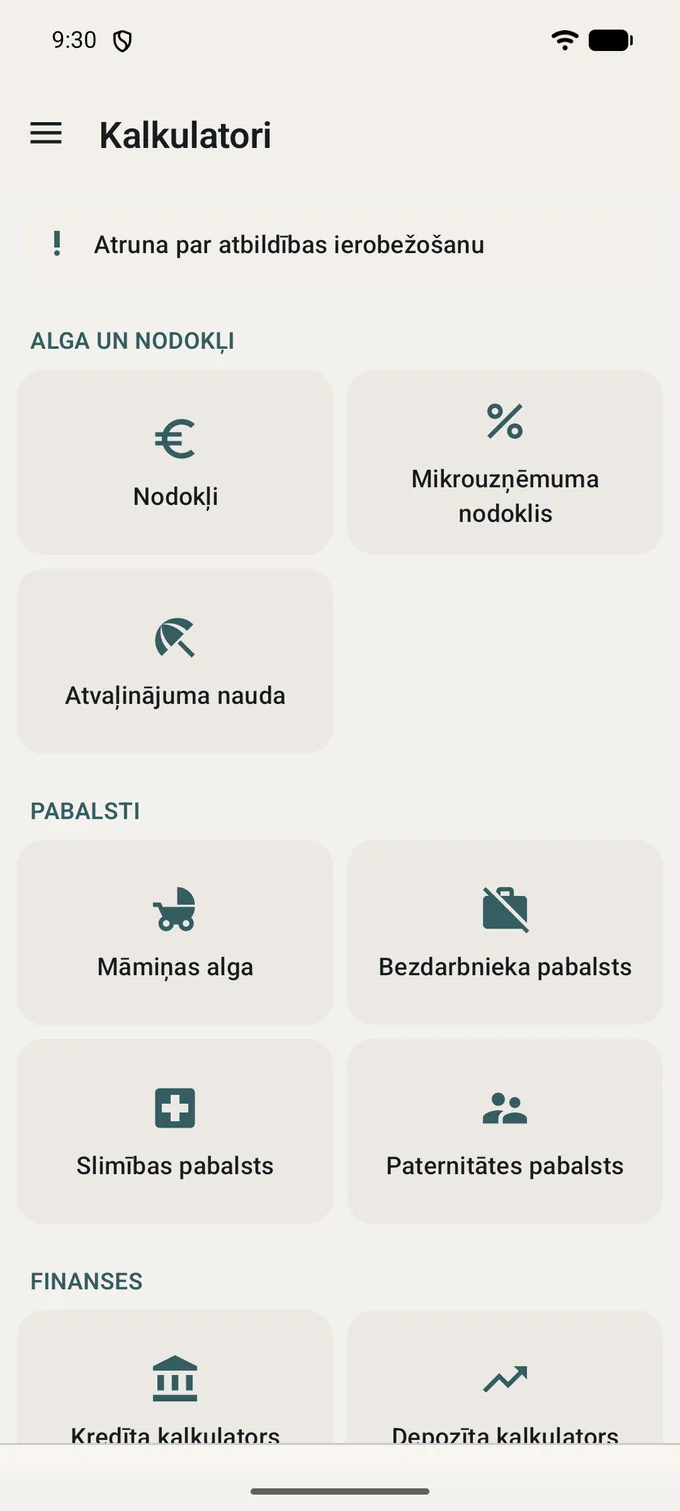 Ekrāns «Kalkulatori»: rinda «Atruna», tad grupas «Alga un nodokļi», «Pabalsti» un «Finanses», katrā kartītes ar ikonu un nosaukumu.