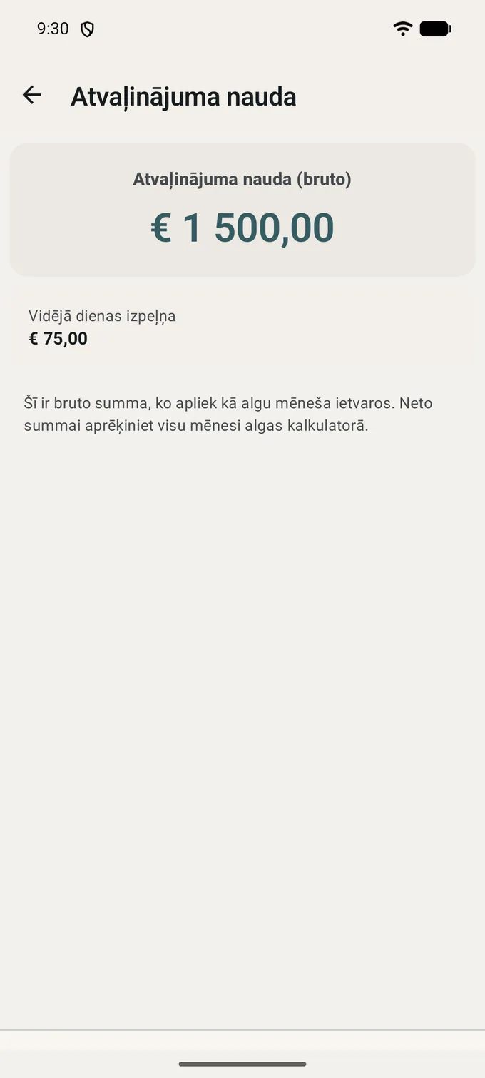 Atvaļinājuma naudas rezultāts: «Atvaļinājuma nauda (bruto)» 1500,00 EUR, «Vidējā dienas izpeļņa» 75,00 EUR un piezīme, ka summa ir bruto un mēneša ietvaros tiek aplikta ar nodokli kā alga.