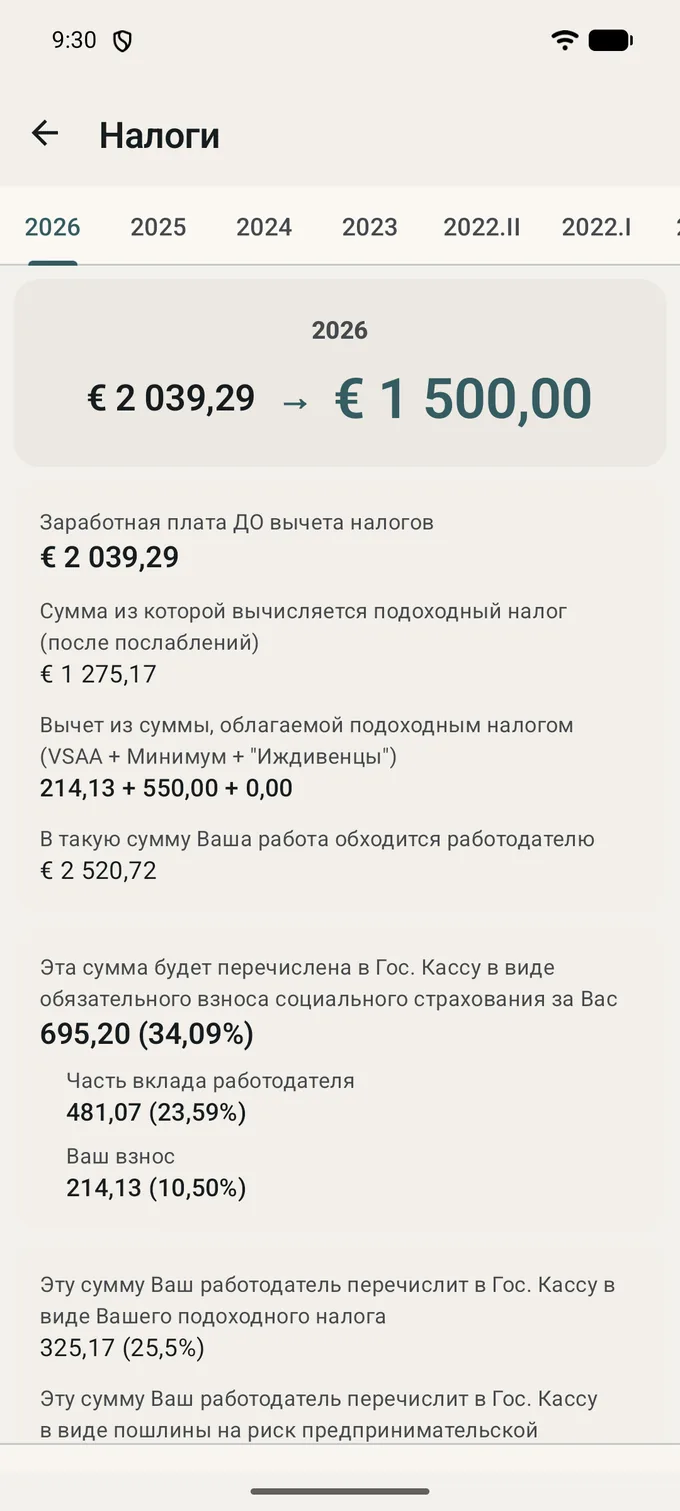 Экран «Налоги» с открытой вкладкой 2026 и предыдущими периодами рядом: сверху брутто в нетто, затем облагаемая сумма, затраты работодателя, социальное страхование в разбивке на работодателя и работника, подоходный налог и рисковая пошлина.