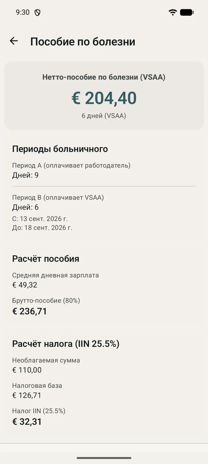 «Нетто-пособие по болезни (VSAA)» 204,40 EUR за 6 дней; выше периоды — «Период A (оплачивает работодатель)» 9 дней и «Период B (оплачивает VSAA)» 6 дней; ниже средняя дневная выработка, брутто-пособие в размере 80% и строки налога с необлагаемой суммой и подоходным налогом.